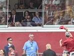 Sep 9, 2023; Ames, Iowa, USA; Former President of the United States Donald Trump waves to a supporter while attending the game between the Iowa State Cyclones and the Iowa Hawkeyes at Jack Trice Stadium. Mandatory Credit: Jeffrey Becker-USA TODAY Sports