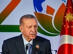 Turkiye's president Recep Tayyip Erdogan addresses a press conference on the sidelines of the G20 Summit at Bharat Mandapam, in New Delhi.
