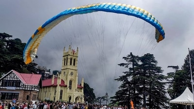 A special paragliding is being demonstrated at Ridge, in Shimla. Himachal Tourism organises paragliding demo in Shimla amid G20 Summit (ANI) A special paragliding is being demonstrated at Ridge, in Shimla. Himachal Tourism organises paragliding demo in Shimla amid G20 Summit (ANI)