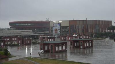 Bharat Mandapam convention centre, the venue for the G20 Summit, after a spell of rainfall in New Delhi on Sunday. (PTI Photo) Bharat Mandapam convention centre, the venue for the G20 Summit, after a spell of rainfall in New Delhi on Sunday. (PTI Photo)