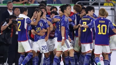 Japan's players celebrate scoring the 1-3 goal during the friendly football match between Germany and Japan at the Volkswagen Arena in Wolfsburg, central Germany, on September 9, 2023 (AFP) Japan's players celebrate scoring the 1-3 goal during the friendly football match between Germany and Japan at the Volkswagen Arena in Wolfsburg, central Germany, on September 9, 2023 (AFP)