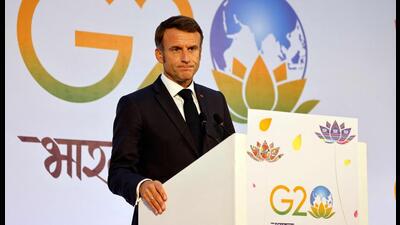 France's President Emmanuel Macron attends a press conference after attending the G20 summit in New Delhi on Sunday. (AFP) France's President Emmanuel Macron attends a press conference after attending the G20 summit in New Delhi on Sunday. (AFP)