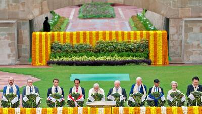 India's Prime Minister Narendra Modi (C) along with world leaders pays respect at the Mahatma Gandhi memorial at Raj Ghat on the sidelines of the G20 summit in New Delhi on September 10, 2023. (AFP) India's Prime Minister Narendra Modi (C) along with world leaders pays respect at the Mahatma Gandhi memorial at Raj Ghat on the sidelines of the G20 summit in New Delhi on September 10, 2023. (AFP)