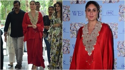 Kareena wore the blouse with a dhoti-style skirt featuring draped pleats on the front, an asymmetric hem, and a flowy silhouette. (Instagram) Kareena wore the blouse with a dhoti-style skirt featuring draped pleats on the front, an asymmetric hem, and a flowy silhouette. (Instagram)