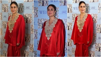 Coming to the design elements of Kareena's Anamika Khanna outfit, it features a silk kurta in a deep red hue. The blouse has full-length billowy sleeves, a relaxed fitting, an asymmetric hem, and a silver embellished V-neckline adorned with tassel adornments. (Instagram) Coming to the design elements of Kareena's Anamika Khanna outfit, it features a silk kurta in a deep red hue. The blouse has full-length billowy sleeves, a relaxed fitting, an asymmetric hem, and a silver embellished V-neckline adorned with tassel adornments. (Instagram)