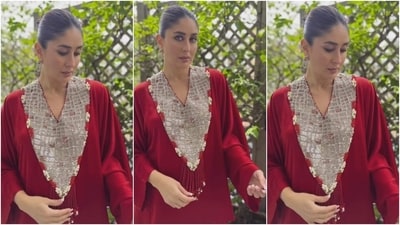 Kareena's all-red look is from the shelves of ace Indian designer Anamika Khanna's eponymous label. She wore a bright red embellished kurta and a dhoti skirt set, a signature look from the designer's coveted brand. (Instagram) Kareena's all-red look is from the shelves of ace Indian designer Anamika Khanna's eponymous label. She wore a bright red embellished kurta and a dhoti skirt set, a signature look from the designer's coveted brand. (Instagram)