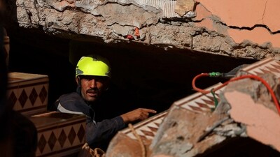 A rescue worker takes part in a search and rescue operation, in the aftermath of a deadly earthquake in Ouirgane, Morocco. (REUTERS)