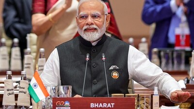 Prime Minister Narendra Modi at the Session-2 on 'One Family' during the G20 Summit 2023 at the Bharat Mandapam, in New Delhi, Saturday, Sep. 9, 2023. (PTI) Prime Minister Narendra Modi at the Session-2 on 'One Family' during the G20 Summit 2023 at the Bharat Mandapam, in New Delhi, Saturday, Sep. 9, 2023. (PTI)