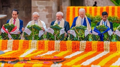Prime Minister Narendra Modi, US president Joe Biden, Brazil's president Luiz Inacio Lula da Silva, United Kingdom's prime minister Rishi Sunak and Indonesian president Joko Widodo pay homage at Mahatma Gandhi's memorial Rajghat. (PTI) Prime Minister Narendra Modi, US president Joe Biden, Brazil's president Luiz Inacio Lula da Silva, United Kingdom's prime minister Rishi Sunak and Indonesian president Joko Widodo pay homage at Mahatma Gandhi's memorial Rajghat. (PTI)