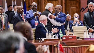 Prime Minister Narendra Modi greets President of the Union of the Comoros and chairperson of the African Union (AU) Azali Assoumani after the Union became permanent member of the G20 in New Delhi (PTI/PMO) Prime Minister Narendra Modi greets President of the Union of the Comoros and chairperson of the African Union (AU) Azali Assoumani after the Union became permanent member of the G20 in New Delhi (PTI/PMO)