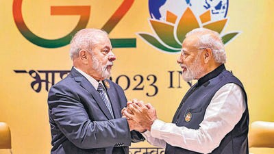 Prime Minister Narendra Modi with Brazilian President Luiz Inacio Lula da Silva, in New Delhi on Sunday. (PTI) Prime Minister Narendra Modi with Brazilian President Luiz Inacio Lula da Silva, in New Delhi on Sunday. (PTI)