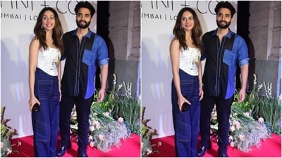 Rakul's OOTD (outfit of the day) features a white sleeveless corset blouse featuring a quirky multi-coloured pattern on the front, a wide plunging neckline, an asymmetric hem, bodycon fitting, and structured boning.&nbsp; (Instagram)