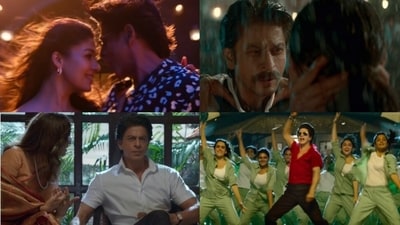 (Clockwise from left top) Shah Rukh Khan with Nayanthara, Deepika Padukone, Sanaya Malhotra. Priyamani and Ridhi Dogra in stills from Jawan.