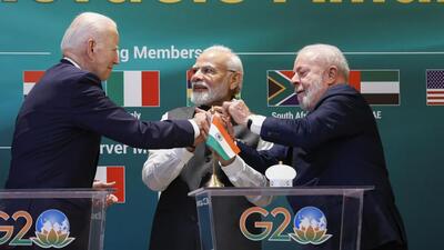 US President Joe Biden, Prime Minister Narendra Modi, and Brazilian President Luiz Inacio Lula da Silva hold hands as they attend the launch of the Global Biofuels Alliance at the G20 summit in New Delhi on Sept 9 (AP) US President Joe Biden, Prime Minister Narendra Modi, and Brazilian President Luiz Inacio Lula da Silva hold hands as they attend the launch of the Global Biofuels Alliance at the G20 summit in New Delhi on Sept 9 (AP)