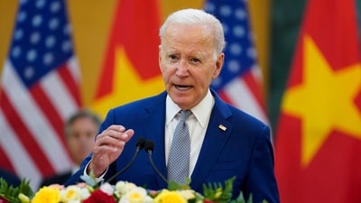 US President Joe Biden delivers remarks after their meeting at the Communist Party of Vietnam Headquarters, in Hanoi, Vietnam. (AP) US President Joe Biden delivers remarks after their meeting at the Communist Party of Vietnam Headquarters, in Hanoi, Vietnam. (AP)