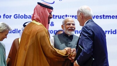 US President Joe Biden, Saudi Arabian PM and Crown Prince Mohammed bin Salman and PM Narendra Modi seen during the launch of the India-Middle East-Europe economic corridor. The first-of-its-kind economic corridor will be a historic initiative on cooperation on connectivity and infrastructure involving India, UAE, Saudi Arabia, EU, France, Italy, Germany, and the US. (AP) US President Joe Biden, Saudi Arabian PM and Crown Prince Mohammed bin Salman and PM Narendra Modi seen during the launch of the India-Middle East-Europe economic corridor. The first-of-its-kind economic corridor will be a historic initiative on cooperation on connectivity and infrastructure involving India, UAE, Saudi Arabia, EU, France, Italy, Germany, and the US. (AP)