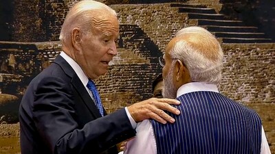 US President Joe Biden and Prime Minister Modi seen engaged in a conversation at Bharat Mandapam on Saturday. Biden, along with US Secretary of the Treasury Janet Yellen, went for closed door meeting with PM Modi on Friday, after the former arrived in the country. This is President Biden’s first visit to India as US President. (PTI) US President Joe Biden and Prime Minister Modi seen engaged in a conversation at Bharat Mandapam on Saturday. Biden, along with US Secretary of the Treasury Janet Yellen, went for closed door meeting with PM Modi on Friday, after the former arrived in the country. This is President Biden’s first visit to India as US President. (PTI)