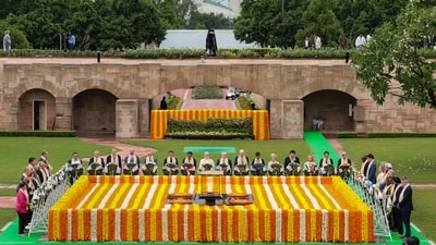 Prime Minister Narendra Modi with other G20 leaders arrives to pay homage at Mahatma Gandhi's memorial Rajghat on the final day of the G20 Summit, in New Delhi, Sunday, Sept. 10, 2023. (PTI) Prime Minister Narendra Modi with other G20 leaders arrives to pay homage at Mahatma Gandhi's memorial Rajghat on the final day of the G20 Summit, in New Delhi, Sunday, Sept. 10, 2023. (PTI)