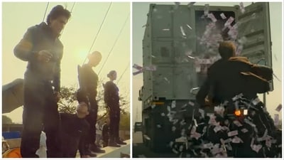 A glimpse of the BTS video (left), a still from Jawan trailer (right). A glimpse of the BTS video (left), a still from Jawan trailer (right).
