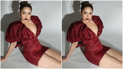 Assisted by makeup artist Aafreen, Nushrratt decked up in nude eyeshadow, black eyeliner, mascara-laden eyelashes, drawn eyebrows, contoured cheeks and a shade of dark red lipstick. (Instagram/@nushrrattbharuccha) Assisted by makeup artist Aafreen, Nushrratt decked up in nude eyeshadow, black eyeliner, mascara-laden eyelashes, drawn eyebrows, contoured cheeks and a shade of dark red lipstick. (Instagram/@nushrrattbharuccha)