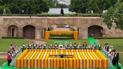 Prime Minister Narendra Modi with other G20 leaders pays homage at Mahatma Gandhi's memorial Rajghat on the final day of the G20 Summit. Consensus eluded all G20 meetings over the Ukraine issue over the last 10 months. The delegates also attended a live performance of Mahatma Gandhi’s favourite devotional songs before heading back to the will G20 summit venue at Bharat Mandapam to participate in a tree-planting ceremony. (PTI) Prime Minister Narendra Modi with other G20 leaders pays homage at Mahatma Gandhi's memorial Rajghat on the final day of the G20 Summit. Consensus eluded all G20 meetings over the Ukraine issue over the last 10 months. The delegates also attended a live performance of Mahatma Gandhi’s favourite devotional songs before heading back to the will G20 summit venue at Bharat Mandapam to participate in a tree-planting ceremony. (PTI)