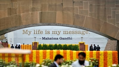 A message written, “My life is my message” seen in Rajghat as world leaders reach to pay homage to the Father of the Nation. Among those registering early arrivals were Bangladesh Prime Minister Sheikh Hasina, United Nations Secretary-General António Guterres, World Bank President Ajay Banga and various other leaders and delegates. (PTI) A message written, “My life is my message” seen in Rajghat as world leaders reach to pay homage to the Father of the Nation. Among those registering early arrivals were Bangladesh Prime Minister Sheikh Hasina, United Nations Secretary-General António Guterres, World Bank President Ajay Banga and various other leaders and delegates. (PTI)