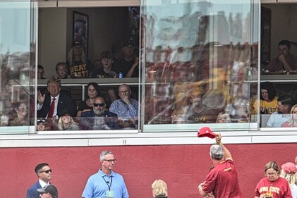 Sep 9, 2023; Ames, Iowa, USA; Former President of the United States Donald Trump waves to a supporter while attending the game between the Iowa State Cyclones and the Iowa Hawkeyes at Jack Trice Stadium. Mandatory Credit: Jeffrey Becker-USA TODAY Sports (USA TODAY Sports via Reuters Con)