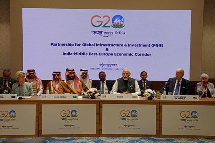 (L-R) European Commission President Ursula von der Leyen, Saudi Arabia's Crown Prince and Prime Minister Mohammed bin Salman, Prime Minister Narendra Modi and US President Joe Biden attend a session as part of the G20 Leaders' Summit at the Bharat Mandapam in New Delhi on September 9, 2023. (AFP) (L-R) European Commission President Ursula von der Leyen, Saudi Arabia's Crown Prince and Prime Minister Mohammed bin Salman, Prime Minister Narendra Modi and US President Joe Biden attend a session as part of the G20 Leaders' Summit at the Bharat Mandapam in New Delhi on September 9, 2023. (AFP)