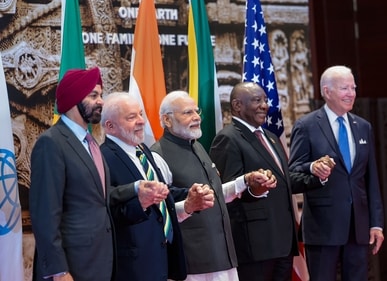 Prime Minister Narendra Modi with World Bank President Ajay Banga, Brazilian President Luiz Inacio Lula da Silva, South African President Cyril Ramaphosa and US President Joe Biden pose for a group photo during the G20 Summit, in New Delhi, Saturday, Sept. 9, 2023. (PTI) Prime Minister Narendra Modi with World Bank President Ajay Banga, Brazilian President Luiz Inacio Lula da Silva, South African President Cyril Ramaphosa and US President Joe Biden pose for a group photo during the G20 Summit, in New Delhi, Saturday, Sept. 9, 2023. (PTI)