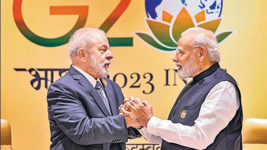 Prime Minister Narendra Modi with Brazilian President Luiz Inacio Lula da Silva, in New Delhi on Sunday. (PTI)
