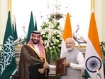 Prime Minister Narendra Modi and the Crown Prince and the Prime Minister of Saudi Arabia, Mohammed bin Salman bin Abdulaziz Al Saud, exchange agreements, at Hyderabad House, in New Delhi on Monday. (ANI Photo) Prime Minister Narendra Modi and the Crown Prince and the Prime Minister of Saudi Arabia, Mohammed bin Salman bin Abdulaziz Al Saud, exchange agreements, at Hyderabad House, in New Delhi on Monday. (ANI Photo)