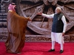 Indian Prime Minister Narendra Modi, right, welcomes Crown Prince Mohammed bin Salman of Saudi Arabia upon his arrival at Bharat Mandapam convention centre for the G20 Summit in New Delhi.