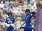 England's Liam Livingstone celebrates after reaching his half century 