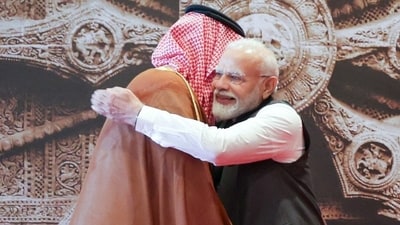 Prime Minister Narendra Modi hugs Crown Prince Mohammed bin Salman of Saudi Arabia upon his arrival at Bharat Mandapam convention centre for the G20 Summit in New Delhi on September 9. (HT Photo) Prime Minister Narendra Modi hugs Crown Prince Mohammed bin Salman of Saudi Arabia upon his arrival at Bharat Mandapam convention centre for the G20 Summit in New Delhi on September 9. (HT Photo)