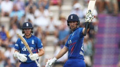 England's Liam Livingstone celebrates after reaching his half century (Action Images via Reuters)