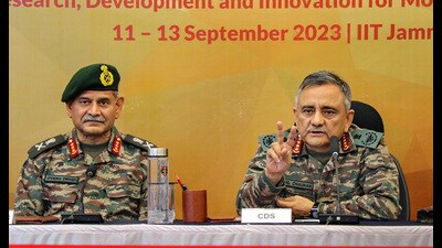 Chief of defence staff general Anil Chauhan (right) with general officer commanding-in-chief Northern Command lieutenant general Upendra Dwivedi during the North Tech Symposium 2023 at IIT Jammu on Monday. (PTI) Chief of defence staff general Anil Chauhan (right) with general officer commanding-in-chief Northern Command lieutenant general Upendra Dwivedi during the North Tech Symposium 2023 at IIT Jammu on Monday. (PTI)