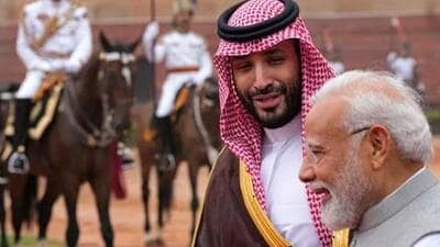 Crown Prince Mohammed bin Salman of Saudi Arabia speaks to PM Narendra Modi at a ceremonial reception at the presidential palace in New Delhi on Monday. (AP) Crown Prince Mohammed bin Salman of Saudi Arabia speaks to PM Narendra Modi at a ceremonial reception at the presidential palace in New Delhi on Monday. (AP)