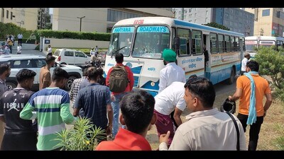 Following the accident, an angry crowd blocked the road and pelted the bus with stones while raising slogans against Haryana Roadways. (HT Photo)