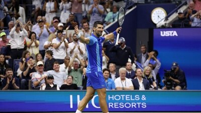 Novak Djokovic of celebrates after a point against Daniil Medvedev during their Men's Singles Final match on Day Fourteen of the 2023 US Open. (Getty Images via AFP) Novak Djokovic of celebrates after a point against Daniil Medvedev during their Men's Singles Final match on Day Fourteen of the 2023 US Open. (Getty Images via AFP)