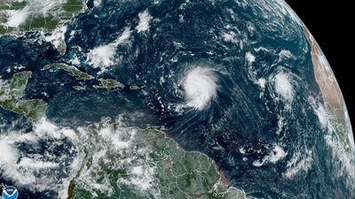 FILE PHOTO: A composite image shows Hurricane Lee churning towards the Caribbean after intensifying into a major storm, September 8, 2023. National Oceanic and Atmospheric Administration (NOAA)/Handout REUTERS./File Photo (via REUTERS)