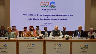 (L-R) European Commission President Ursula von der Leyen, Saudi Arabia's Crown Prince and Prime Minister Mohammed bin Salman, India's Prime Minister Narendra Modi and US President Joe Biden attend a session as part of the G20 Leaders' Summit at the Bharat Mandapam in New Delhi on September 9, 2023. (AFP) (L-R) European Commission President Ursula von der Leyen, Saudi Arabia's Crown Prince and Prime Minister Mohammed bin Salman, India's Prime Minister Narendra Modi and US President Joe Biden attend a session as part of the G20 Leaders' Summit at the Bharat Mandapam in New Delhi on September 9, 2023. (AFP)