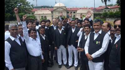 Lawyers protest outside the Allahabad high court in Prayagraj on Monday (HT) Lawyers protest outside the Allahabad high court in Prayagraj on Monday (HT)