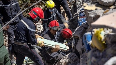 Moroccan and Spanish rescuers search the rubble for survivors in Talat N'Yacoub village of al-Haouz province in earthquake-hit Morocco on September 11, 2023. (AFP) Moroccan and Spanish rescuers search the rubble for survivors in Talat N'Yacoub village of al-Haouz province in earthquake-hit Morocco on September 11, 2023. (AFP)