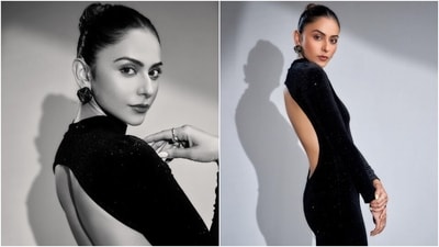 Rakul wore the dress with stilettos, statement ear studs, and rings. Lastly, she chose a pulled-beck top bun, feathered brows, shimmery eye shadow, glossy berry-toned lip shade, mascara on the lashes, blushed cheeks, beaming highlighter, and light contouring for the glam picks. (Instagram) Rakul wore the dress with stilettos, statement ear studs, and rings. Lastly, she chose a pulled-beck top bun, feathered brows, shimmery eye shadow, glossy berry-toned lip shade, mascara on the lashes, blushed cheeks, beaming highlighter, and light contouring for the glam picks. (Instagram)
