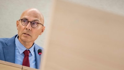 UN High Commissioner for Human Rights Volker Turk delivers a speech at the opening of the 54th UN Human Rights Council in Geneva. (AFP)