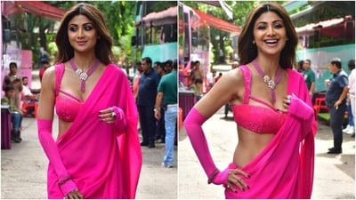 Shilpa Shetty promotes Sukhee in a hot pink chiffon saree and bustier blouse. (HT Photo/Varinder Chawla) Shilpa Shetty promotes Sukhee in a hot pink chiffon saree and bustier blouse. (HT Photo/Varinder Chawla)