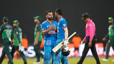 Virat Kohli and KL Rahul cheer themselves during the Asia Cup match between India and Pakistan in Colombo (AP) Virat Kohli and KL Rahul cheer themselves during the Asia Cup match between India and Pakistan in Colombo (AP)