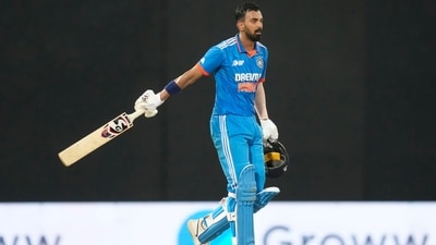 KL Rahul raises his bat as he celebrates his century during the Asia Cup match between India and Pakistan in Colombo (AP) KL Rahul raises his bat as he celebrates his century during the Asia Cup match between India and Pakistan in Colombo (AP)