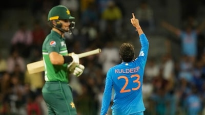 India's Kuldeep Yadav celebrates the wicket of Pakistan's Faheem Ashraf during the Asia Cup cricket match between India and Pakistan in Colombo (AP) India's Kuldeep Yadav celebrates the wicket of Pakistan's Faheem Ashraf during the Asia Cup cricket match between India and Pakistan in Colombo (AP)