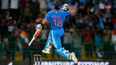 Virat Kohli leaps to celebrate after scoring a century during the Asia Cup match between India and Pakistan in Colombo (AP) Virat Kohli leaps to celebrate after scoring a century during the Asia Cup match between India and Pakistan in Colombo (AP)